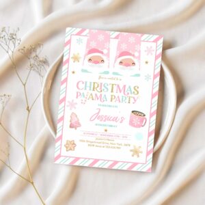 Editable christmas pajama birthday party invitation girly pink gold slumber party invitation holiday pajama party instant download jo 1