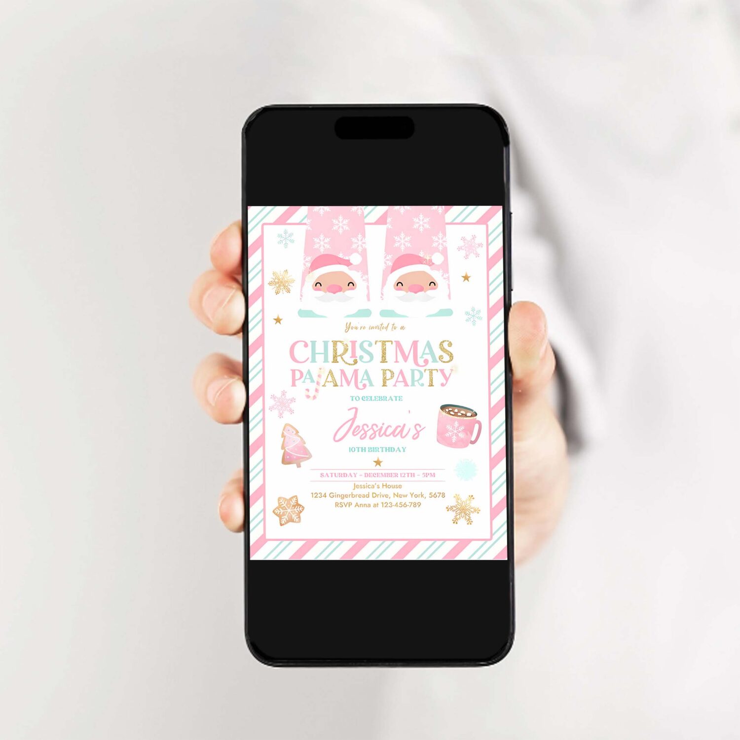 Editable christmas pajama birthday party invitation girly pink gold slumber party invitation holiday pajama party instant download jo 2