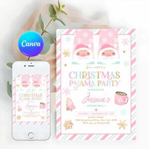 Pajama Party Invitation, Christmas Pajama Birthday Party Invitation Girly Pink Gold Slumber Party Invitation Holiday Pajama Party