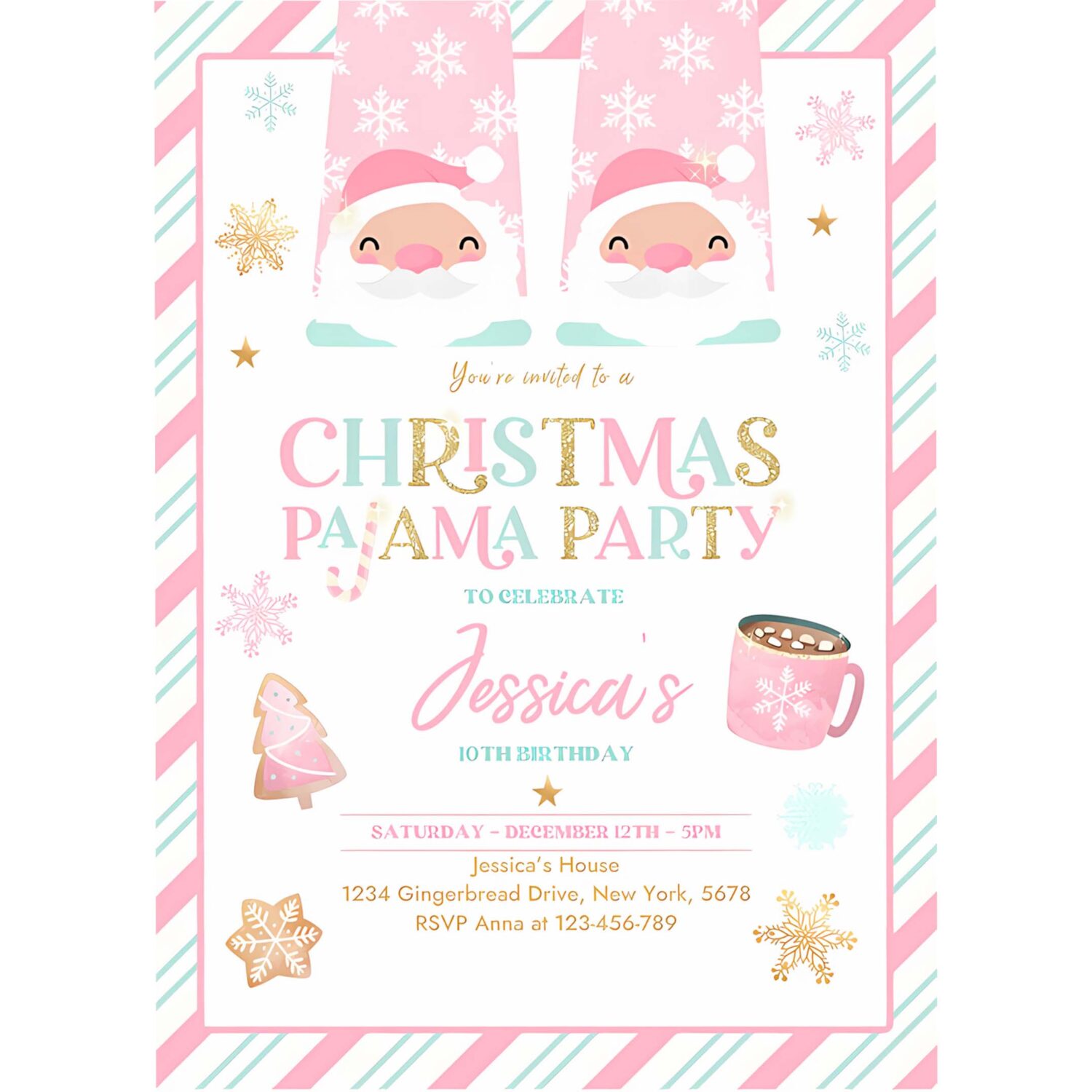 Editable christmas pajama birthday party invitation girly pink gold slumber party invitation holiday pajama party instant download jo 4