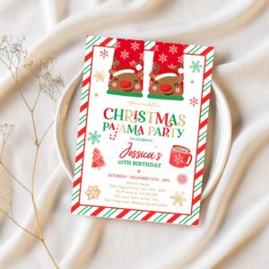 Editable christmas pajama birthday party invitation red and gold christmas slumber party invitation holiday pajama party 1