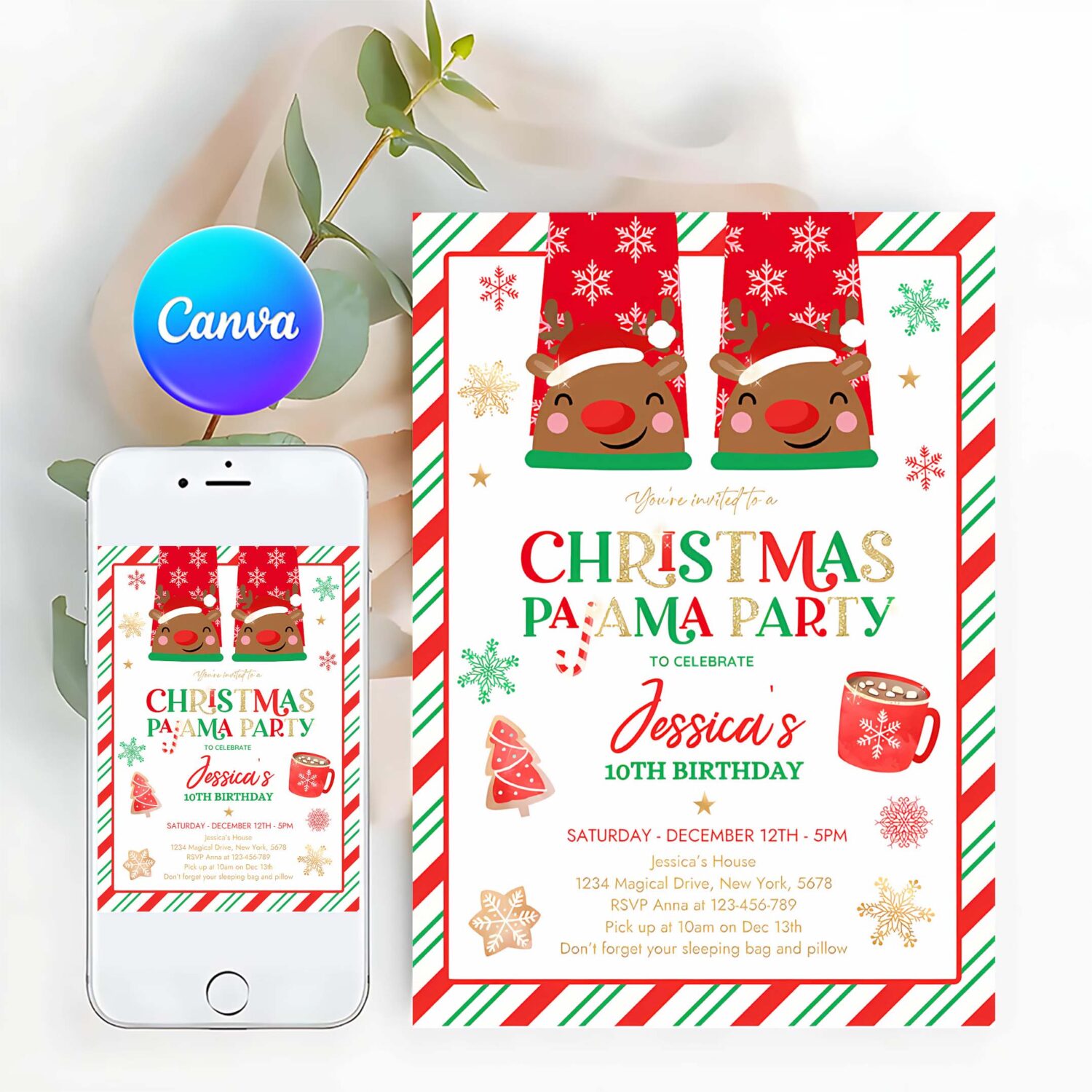 Editable christmas pajama birthday party invitation red and gold christmas slumber party invitation holiday pajama party