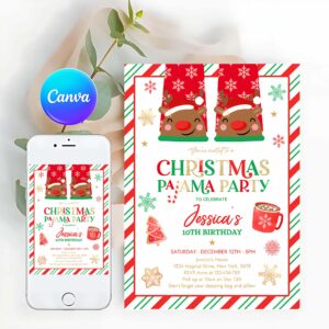 Pajama Party Invitation, Christmas Pajama Birthday Party Invitation