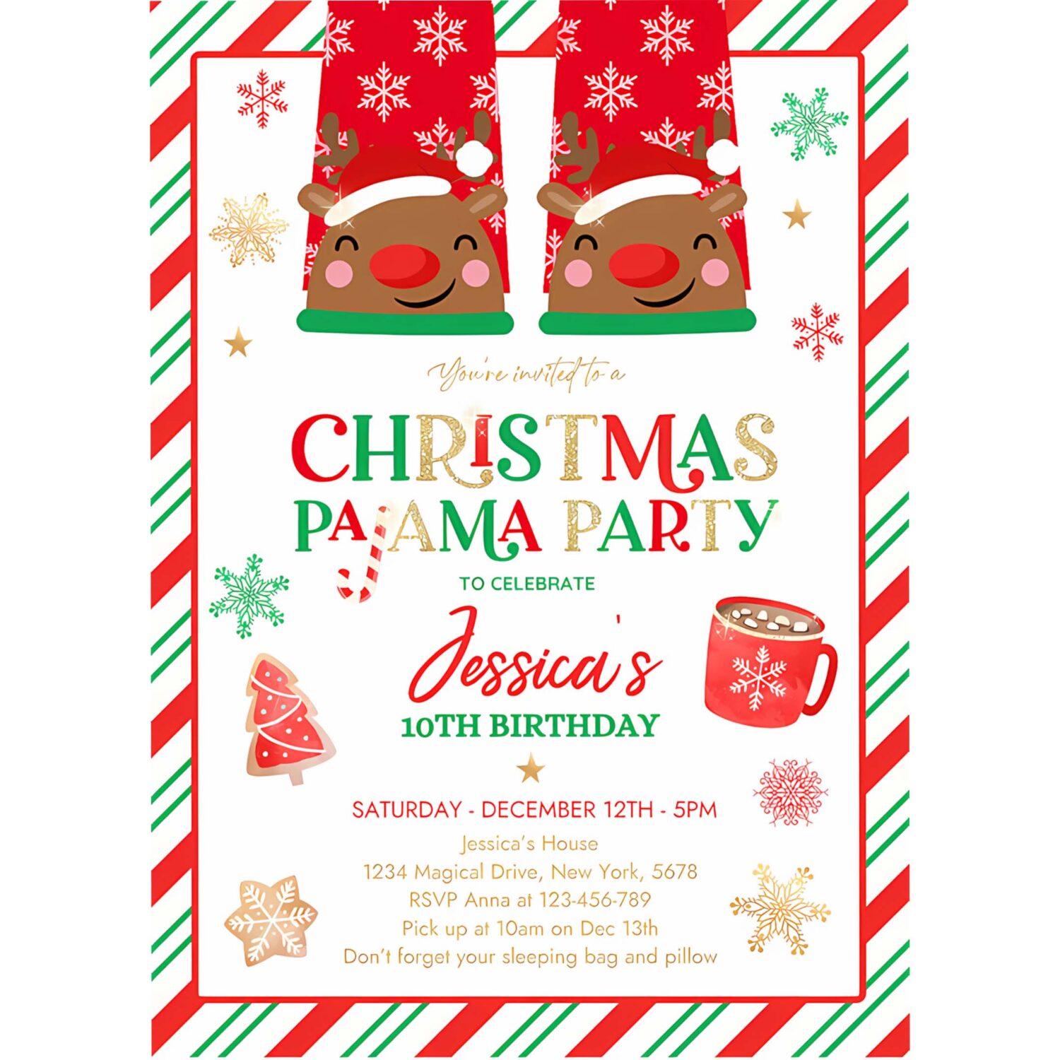 Editable christmas pajama birthday party invitation red and gold christmas slumber party invitation holiday pajama party 4