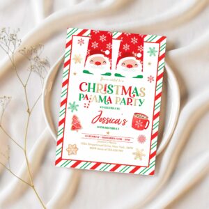Editable christmas pajama birthday party invitation red and gold christmas slumber party invitation holiday pajama party instant download jo 1
