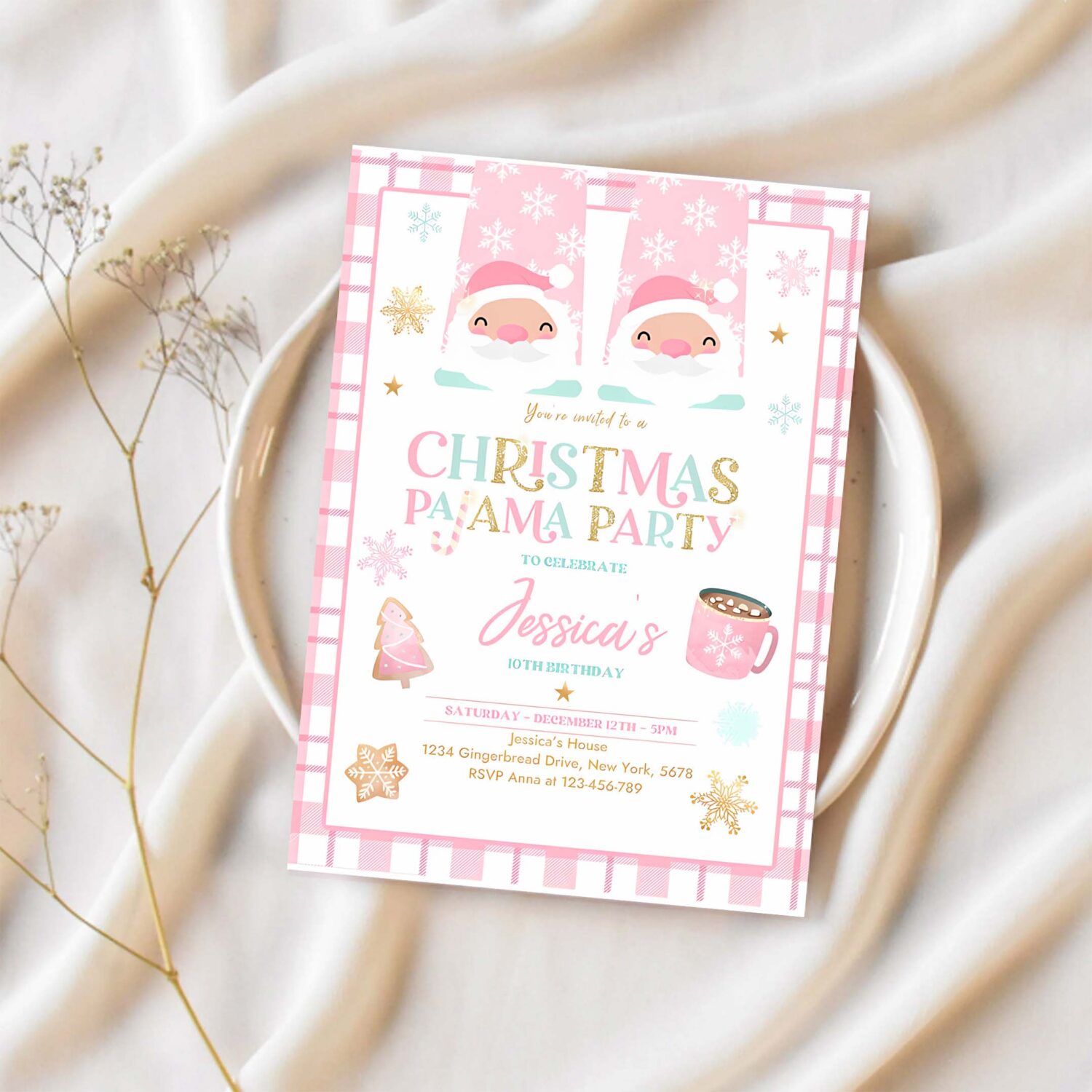 Editable christmas pajama birthday party invite girly pink gold slumber party invitation holiday pajama party instant download jo 1