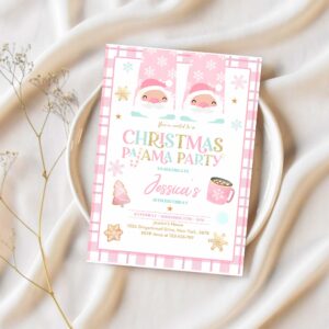 Editable christmas pajama birthday party invite girly pink gold slumber party invitation holiday pajama party instant download jo 1