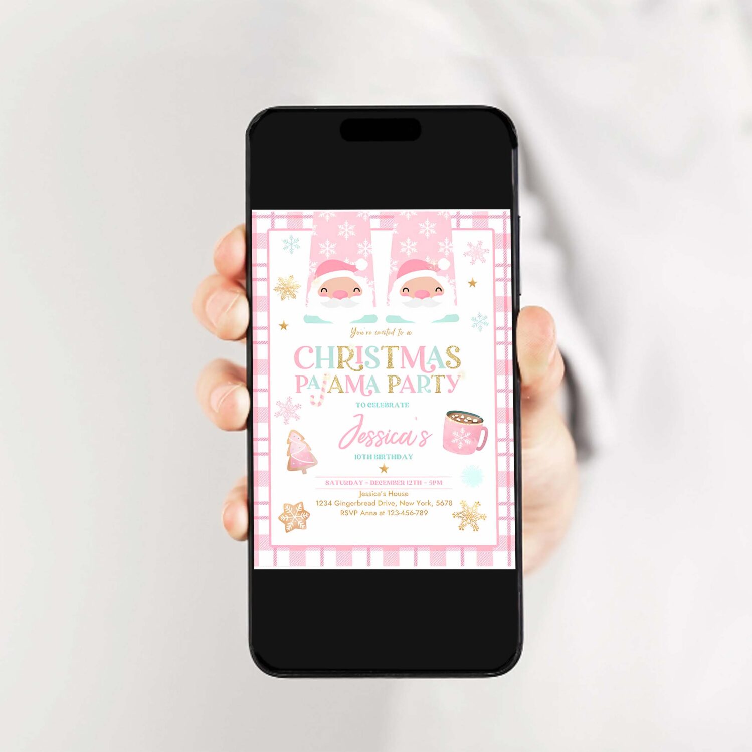 Editable christmas pajama birthday party invite girly pink gold slumber party invitation holiday pajama party instant download jo 2
