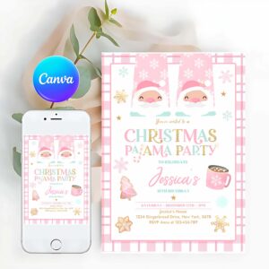 Pajama Party Invitation, Christmas Pajama Birthday Party Invite Girly Pink Gold Slumber Party Invitation Holiday Pajama Party
