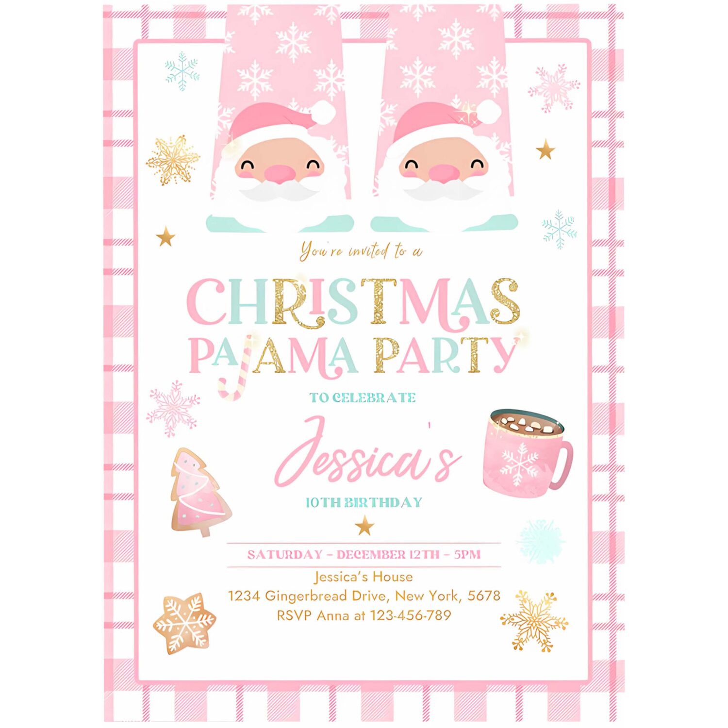 Editable christmas pajama birthday party invite girly pink gold slumber party invitation holiday pajama party instant download jo 4