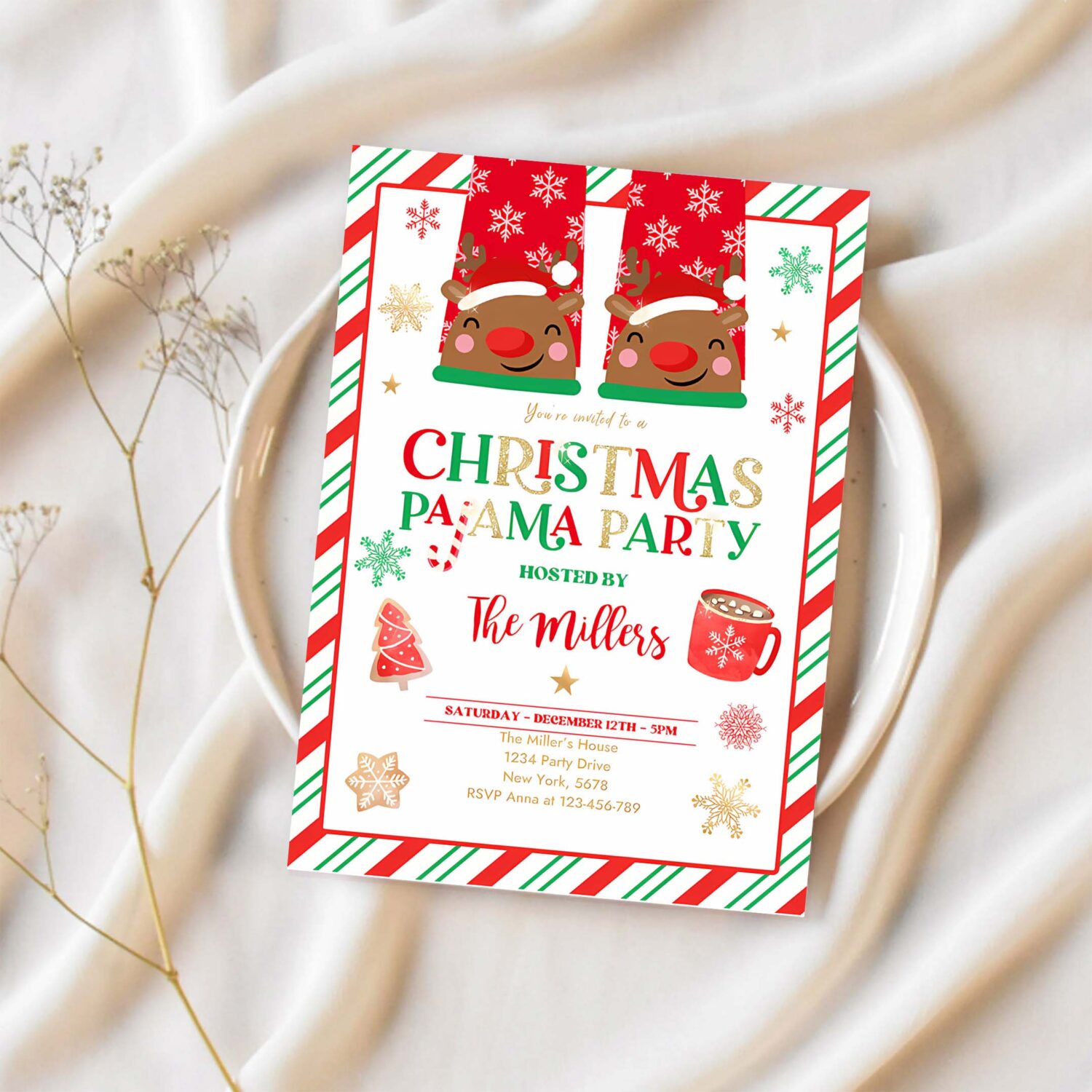 Editable christmas pajama invitation red and gold holiday pajama party invitation holiday christmas pajama party instant download jo 1