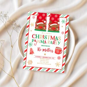 Editable christmas pajama invitation red and gold holiday pajama party invitation holiday christmas pajama party instant download jo 1