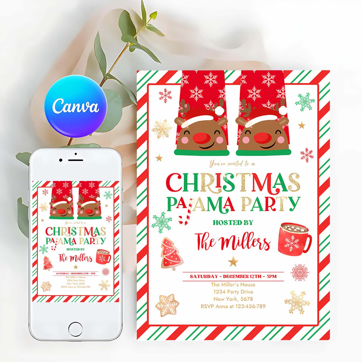 Editable christmas pajama invitation red and gold holiday pajama party invitation holiday christmas pajama party instant download jo