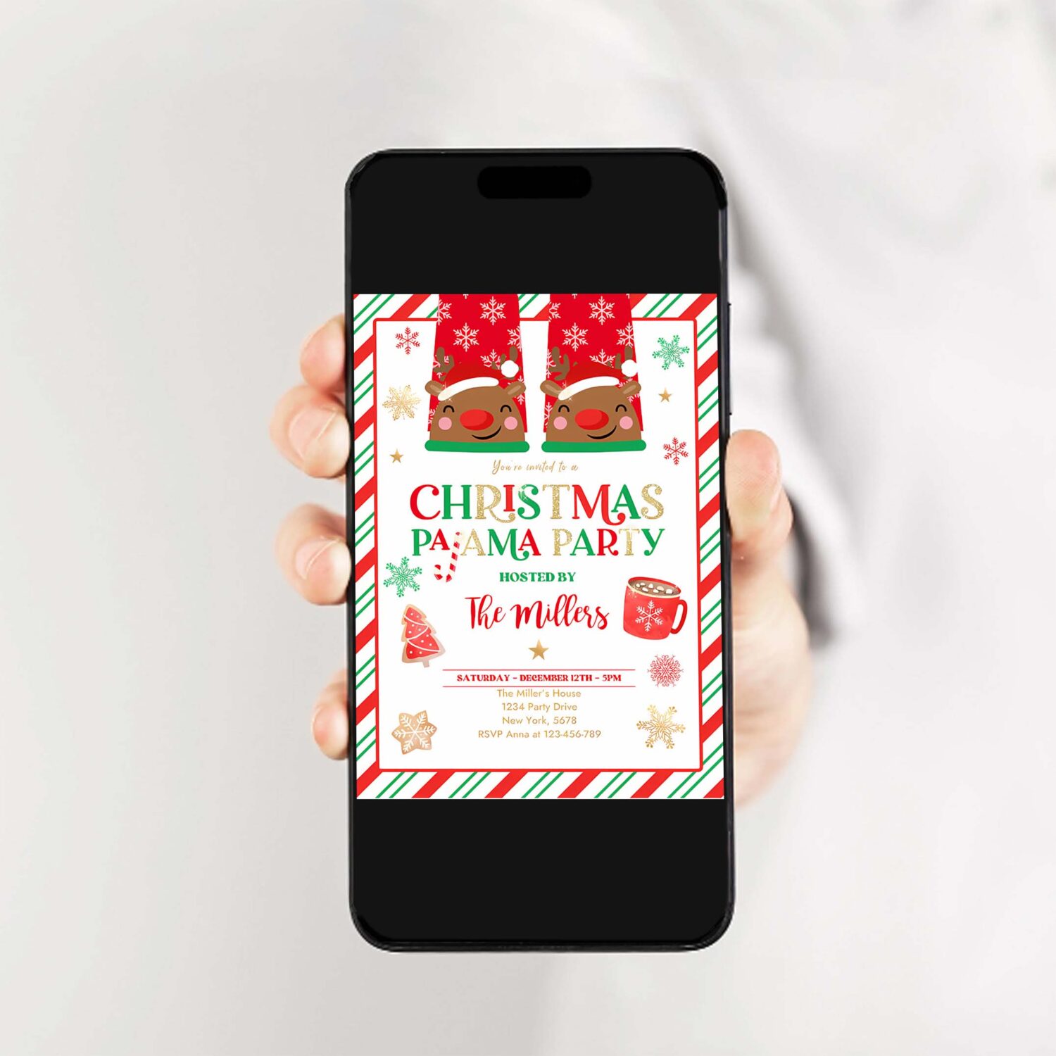 Editable christmas pajama invitation red and gold holiday pajama party invitation holiday christmas pajama party instant download jo 2
