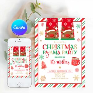 Pajama Party Invitation, Christmas Pajama Invitation Red And Gold Holiday Pajama Party Invitation Holiday Christmas Pajama Party