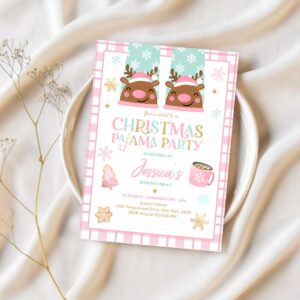 Editable christmas pajama party invitation girly pink gold slumber party invitation holiday pajama party instant download jo 1