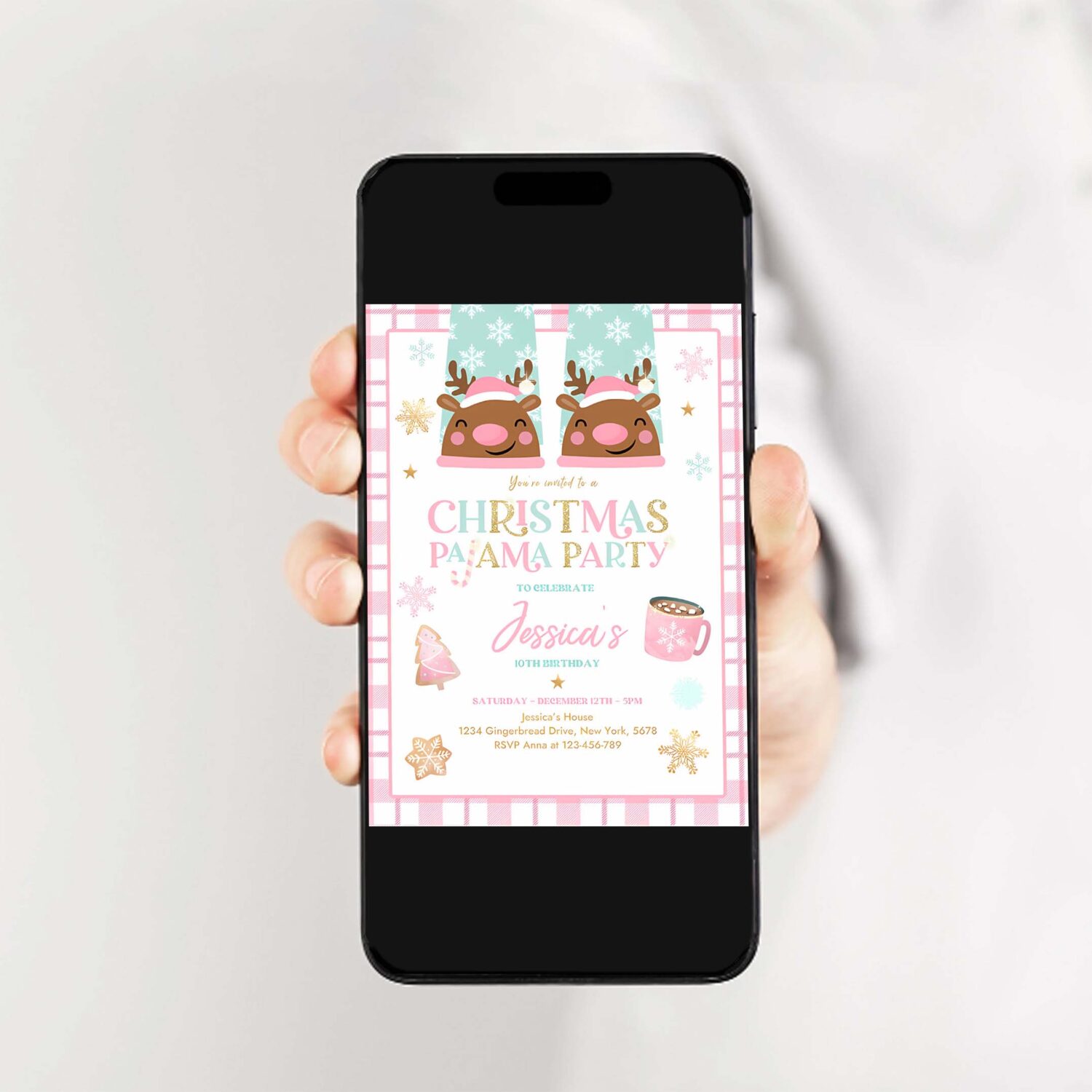 Editable christmas pajama party invitation girly pink gold slumber party invitation holiday pajama party instant download jo 2