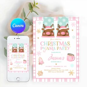 Pajama Party Invitation, Christmas Pajama Party Invitation Girly Pink Gold Slumber Party Invitation Holiday Pajama Party