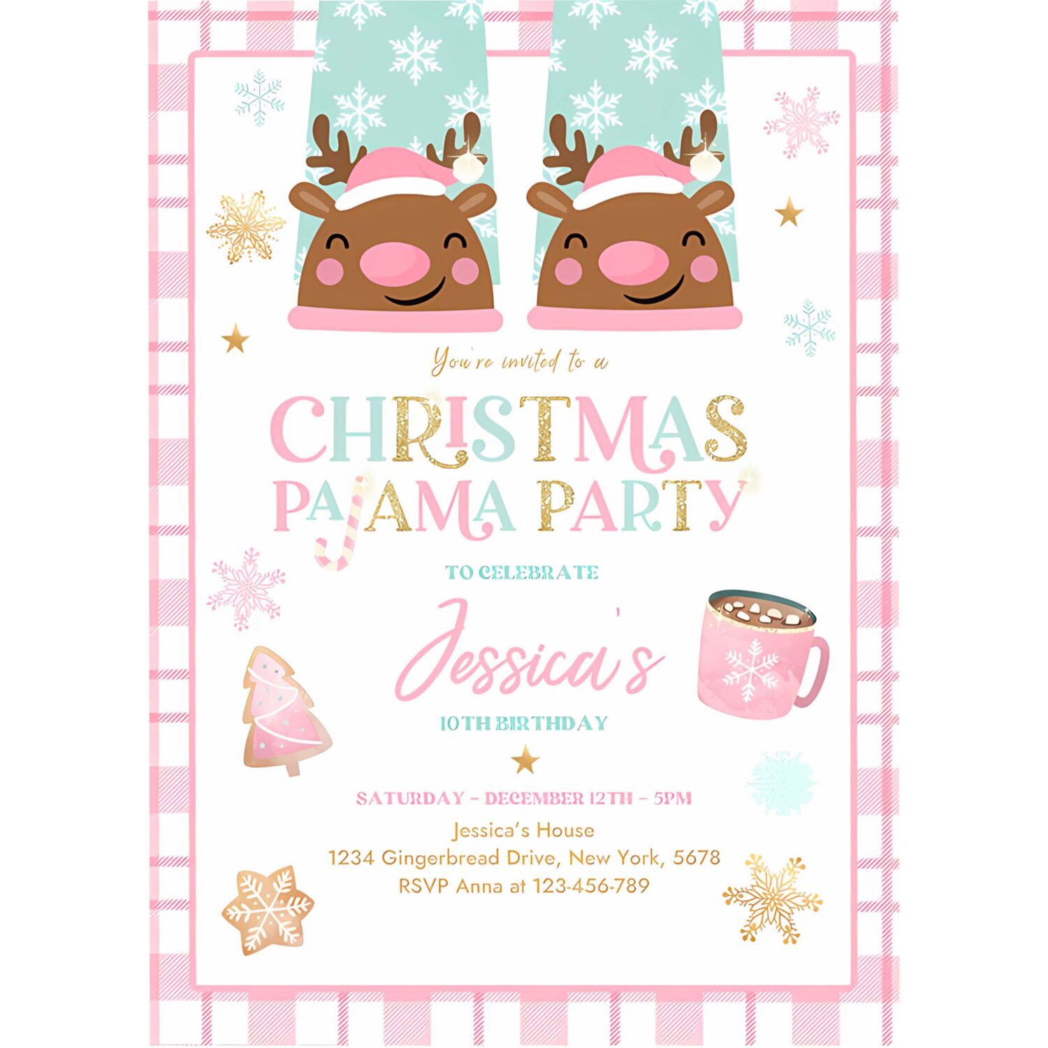 Editable christmas pajama party invitation girly pink gold slumber party invitation holiday pajama party instant download jo 4