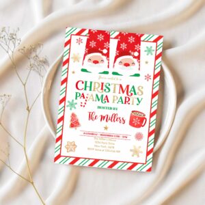 Editable christmas pajama party invitation red and gold holiday pajama party invitation holiday christmas pajama party instant download jo 1