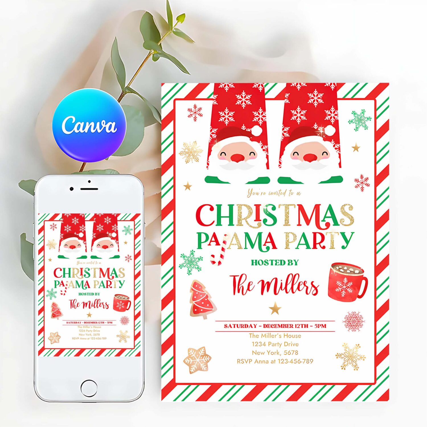 Editable christmas pajama party invitation red and gold holiday pajama party invitation holiday christmas pajama party instant download jo