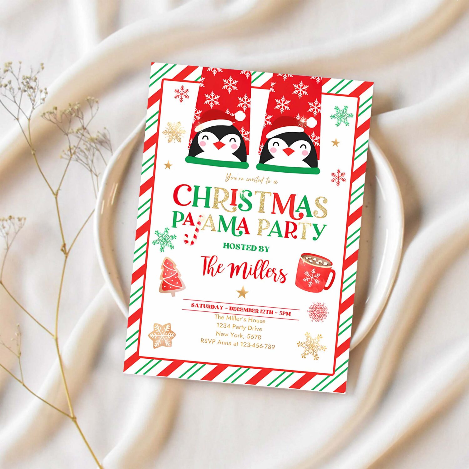 Editable christmas pajama party invites red and gold holiday pajama party invitation holiday christmas pajama party instant download jo 1