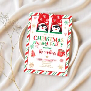 Editable christmas pajama party invites red and gold holiday pajama party invitation holiday christmas pajama party instant download jo 1