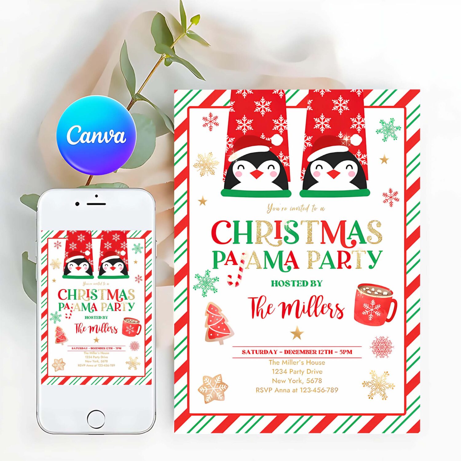 Editable christmas pajama party invites red and gold holiday pajama party invitation holiday christmas pajama party instant download jo