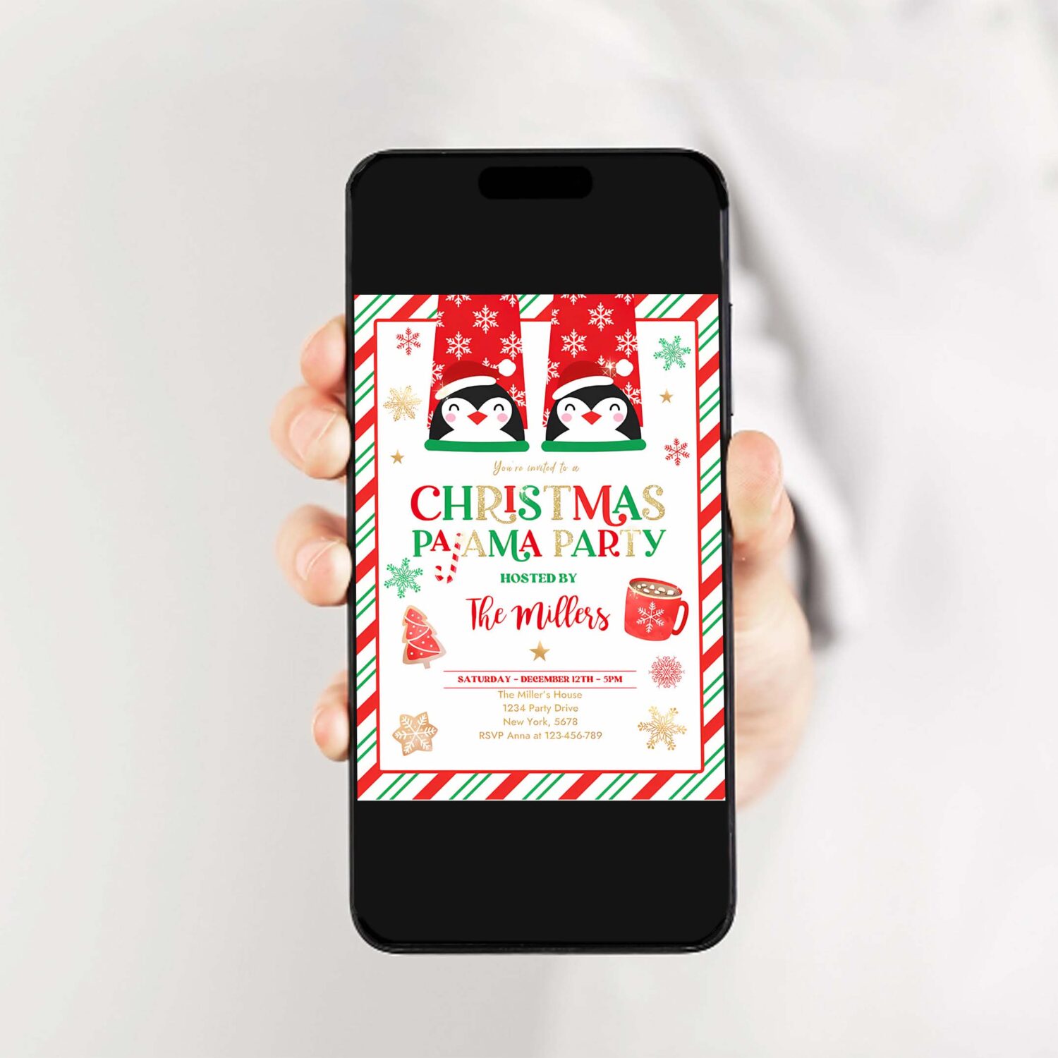 Editable christmas pajama party invites red and gold holiday pajama party invitation holiday christmas pajama party instant download jo 2