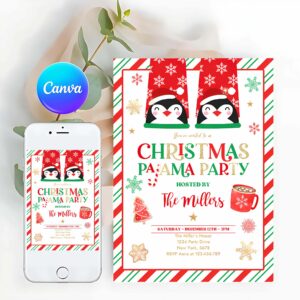 Pajama Party Invitation, Christmas Pajama Party Invites Red And Gold Holiday Pajama Party Invitation Holiday Christmas Pajama Party