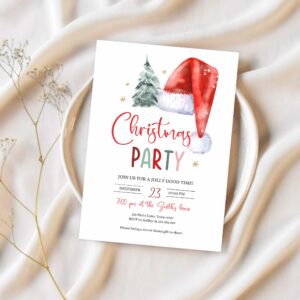 Editable christmas party invitation holiday santa hat christmas invitation christmas birthday tree corjl template download printable 0444 1