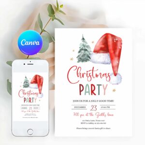 Christmas Invitation, Holiday Santa Hat Christmas Invitation, Christmas Birthday, Tree Invitation