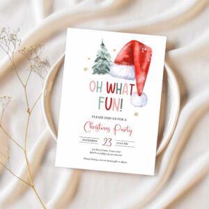 Editable christmas party invitation kids holiday santa hat oh what fun invite christmas birthday corjl template download printable 0444 1