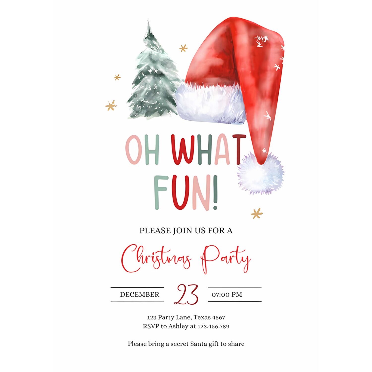 Editable christmas party invitation kids holiday santa hat oh what fun invite christmas birthday corjl template download printable 0444 4