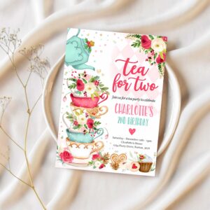 Editable christmas tea for two 2nd birthday invitation pink red gold winter floral birthday whimsical winter tea party instant download vt 1
