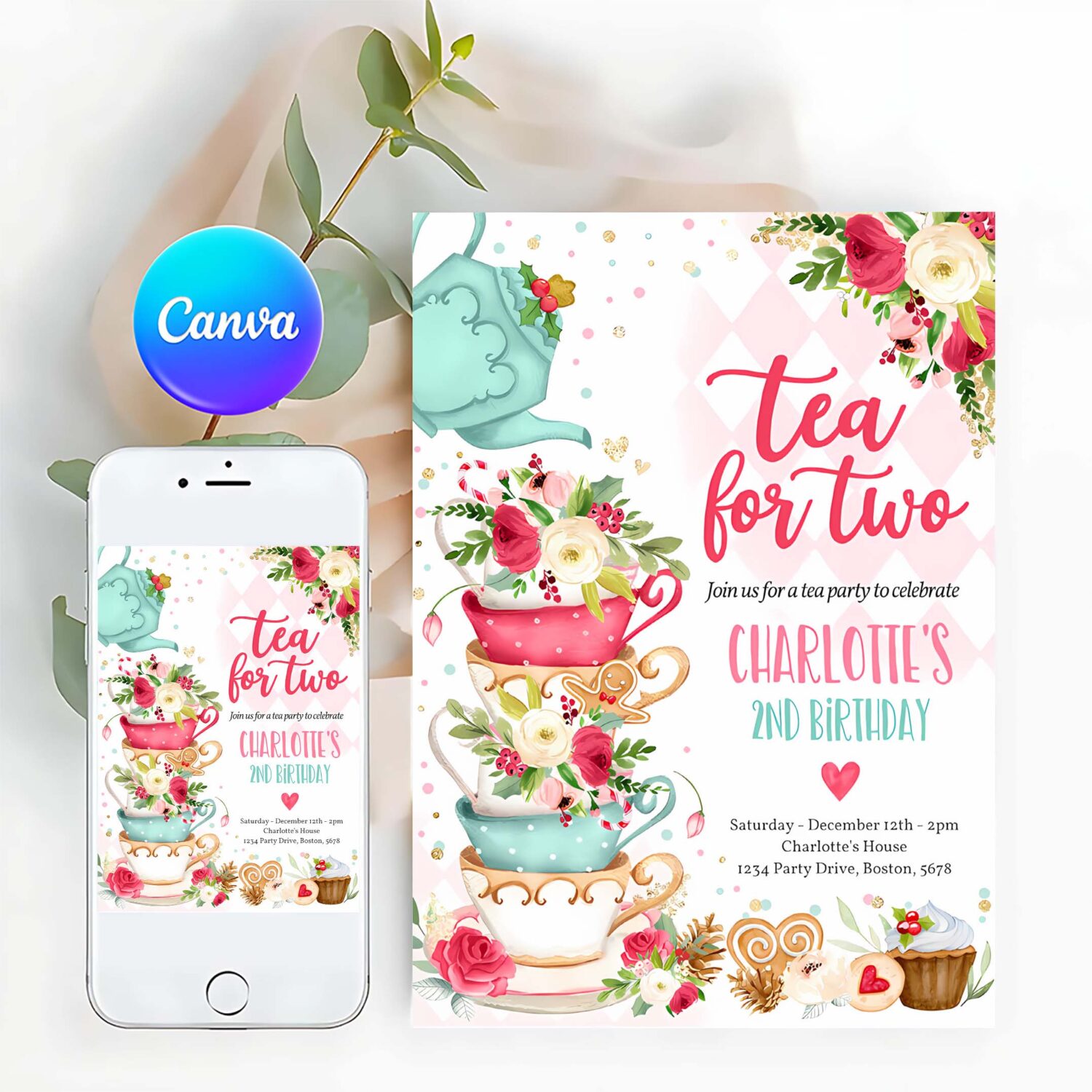 Editable christmas tea for two 2nd birthday invitation pink red gold winter floral birthday whimsical winter tea party instant download vt
