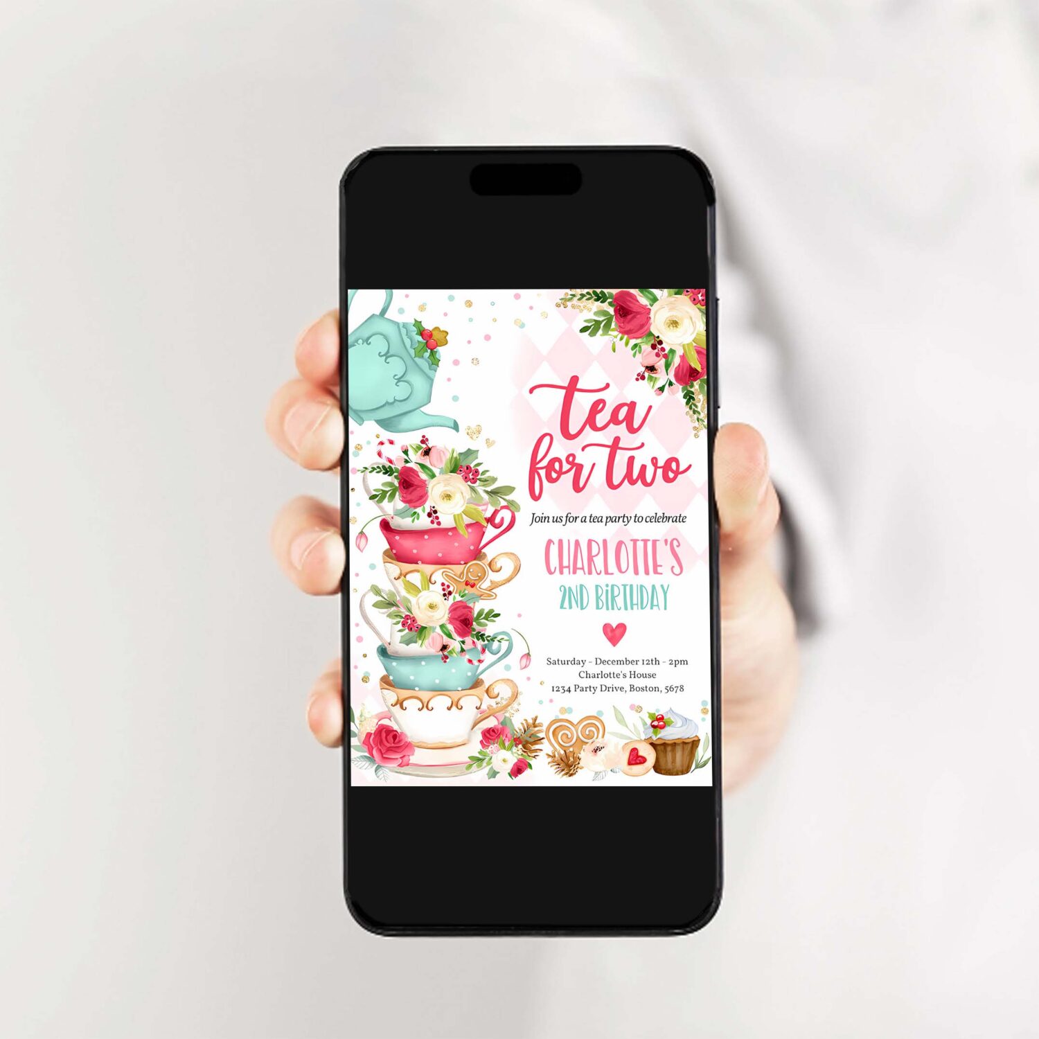 Editable christmas tea for two 2nd birthday invitation pink red gold winter floral birthday whimsical winter tea party instant download vt 2