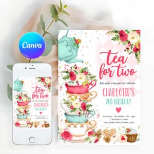 Tea Party Invitation, Christmas Tea For Two 2nd Birthday Invitation Pink Red Gold Winter Floral Birthday Whimsical Winter Tea Party