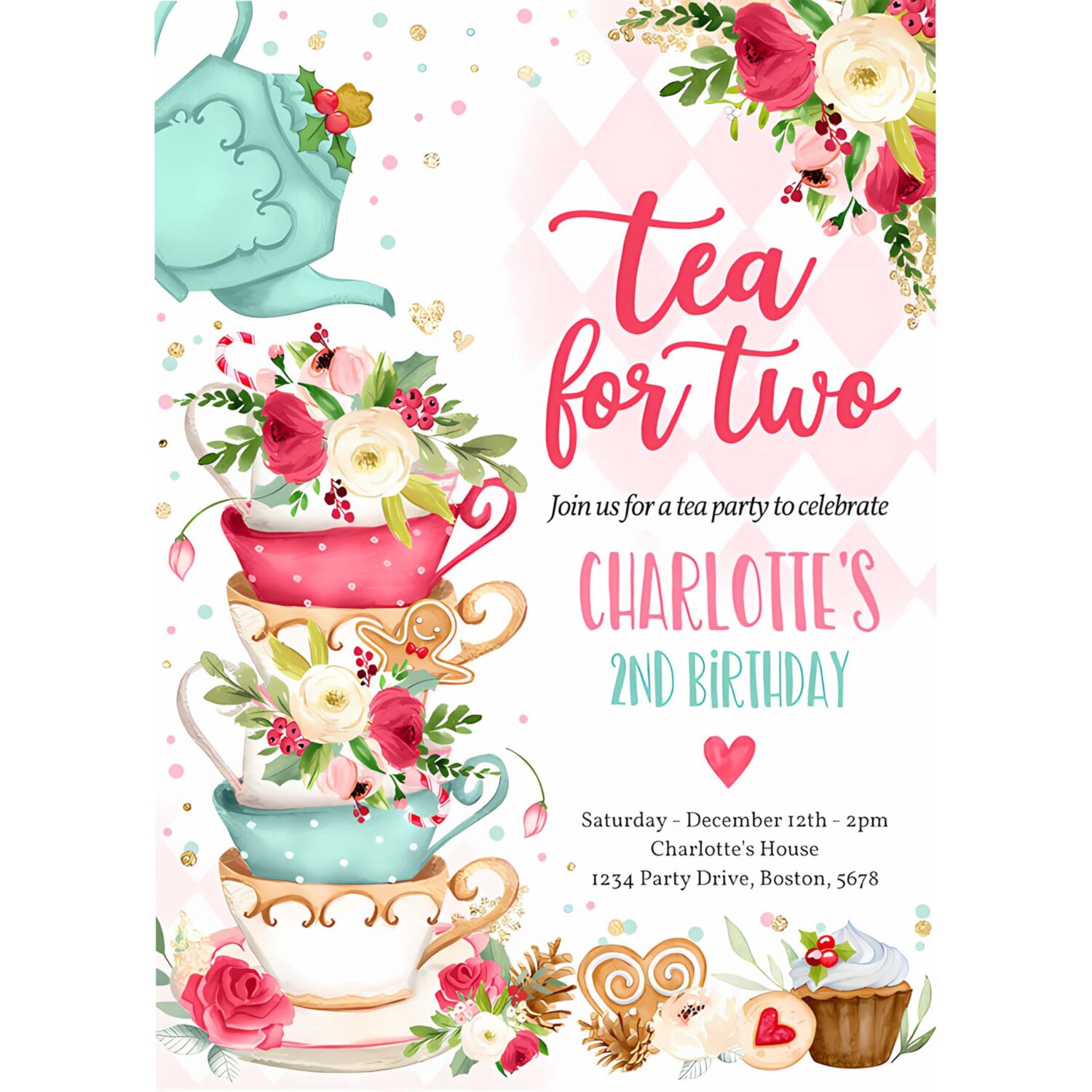 Editable christmas tea for two 2nd birthday invitation pink red gold winter floral birthday whimsical winter tea party instant download vt 4
