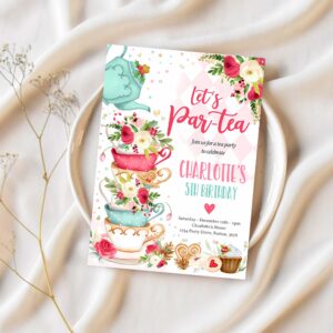 Editable christmas tea party birthday party invitation pink red gold winter floral birthday whimsical winter tea party instant download vt 1
