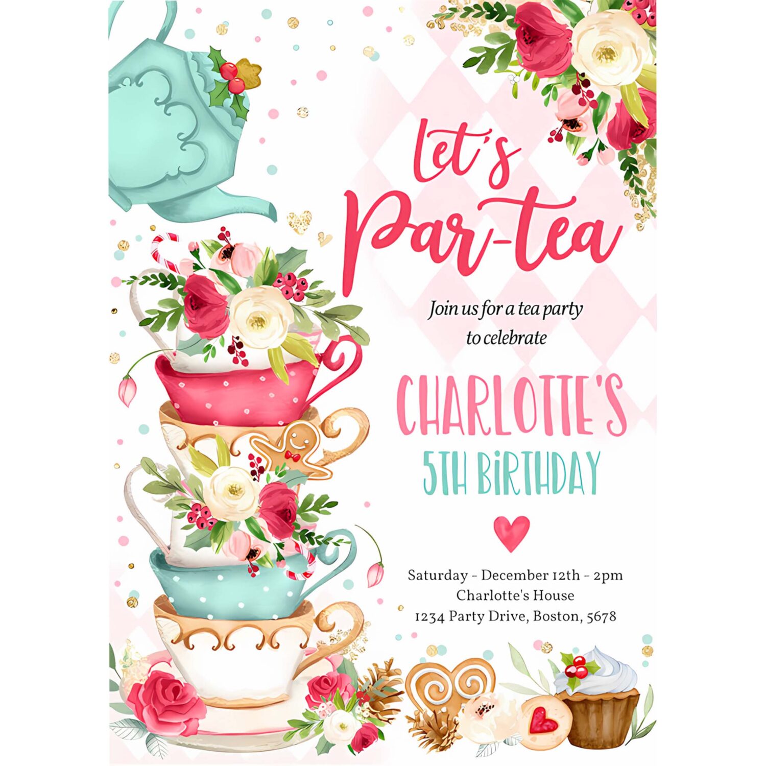 Editable christmas tea party birthday party invitation pink red gold winter floral birthday whimsical winter tea party instant download vt 4