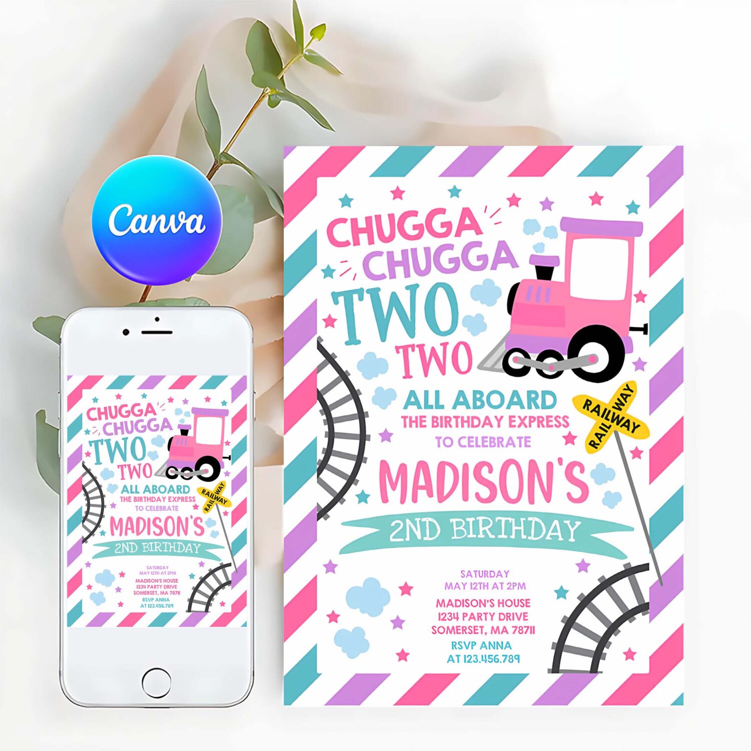 Editable chugga chugga two two train birthday invitation chugga chugga choo choo party two two train party