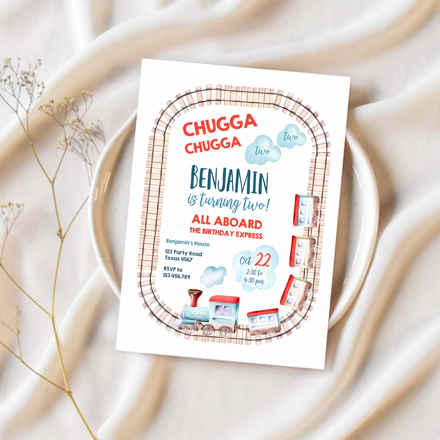 Editable chugga chugga two two train birthday invitation vintage choo choo train party train birthday download printable template corjl 0149 1