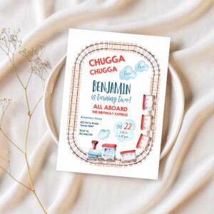 Editable chugga chugga two two train birthday invitation vintage choo choo train party train birthday download printable template corjl 0149 1