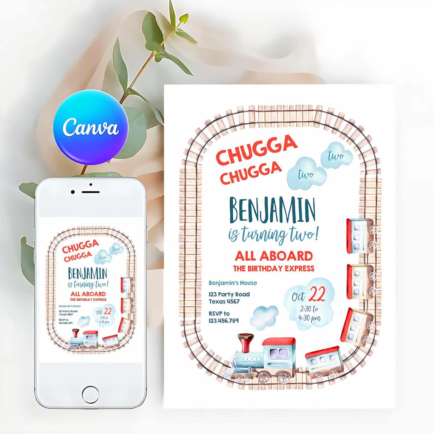 Editable chugga chugga two two train birthday invitation vintage choo choo train party train birthday download printable template corjl 0149
