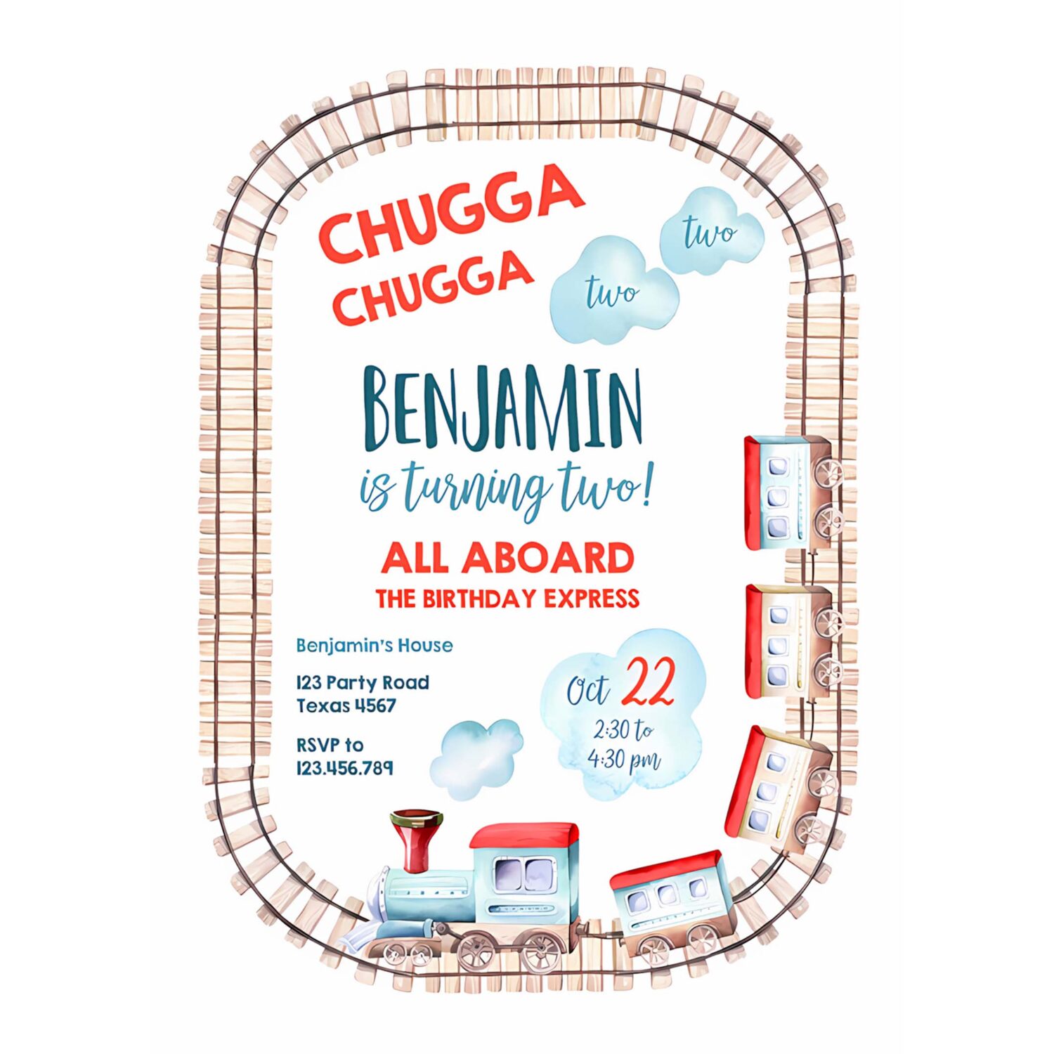 Editable chugga chugga two two train birthday invitation vintage choo choo train party train birthday download printable template corjl 0149 4