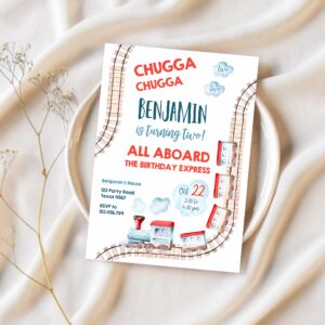 Editable chugga chugga two two train birthday invitation vintage choo choo train party train watercolor template 1