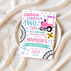 Editable chugga chugga two two train birthday party invitation chugga chugga choo choo party two two train party 1