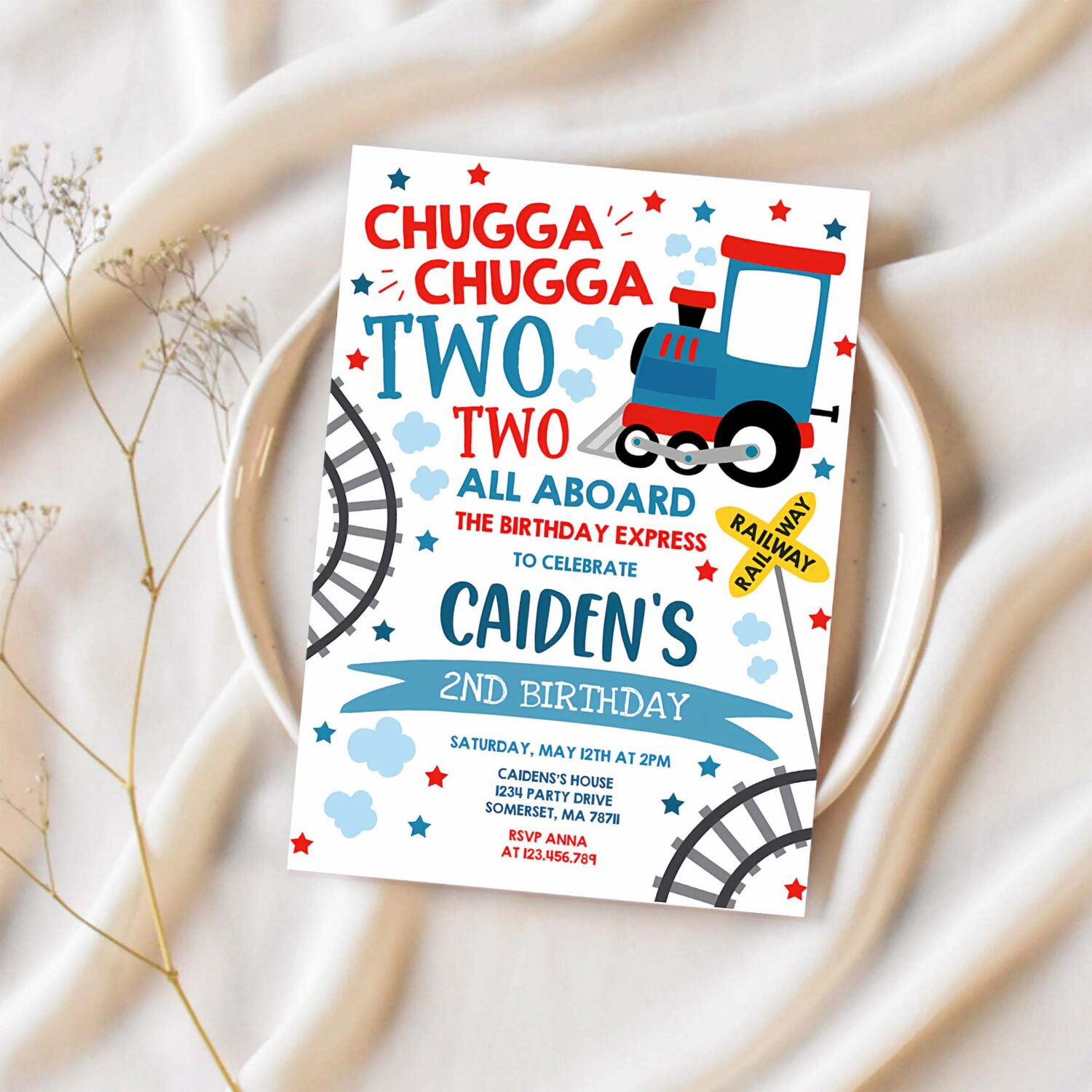 Editable chugga chugga two two train boy birthday party invitation chugga chugga choo choo party two two train party 1