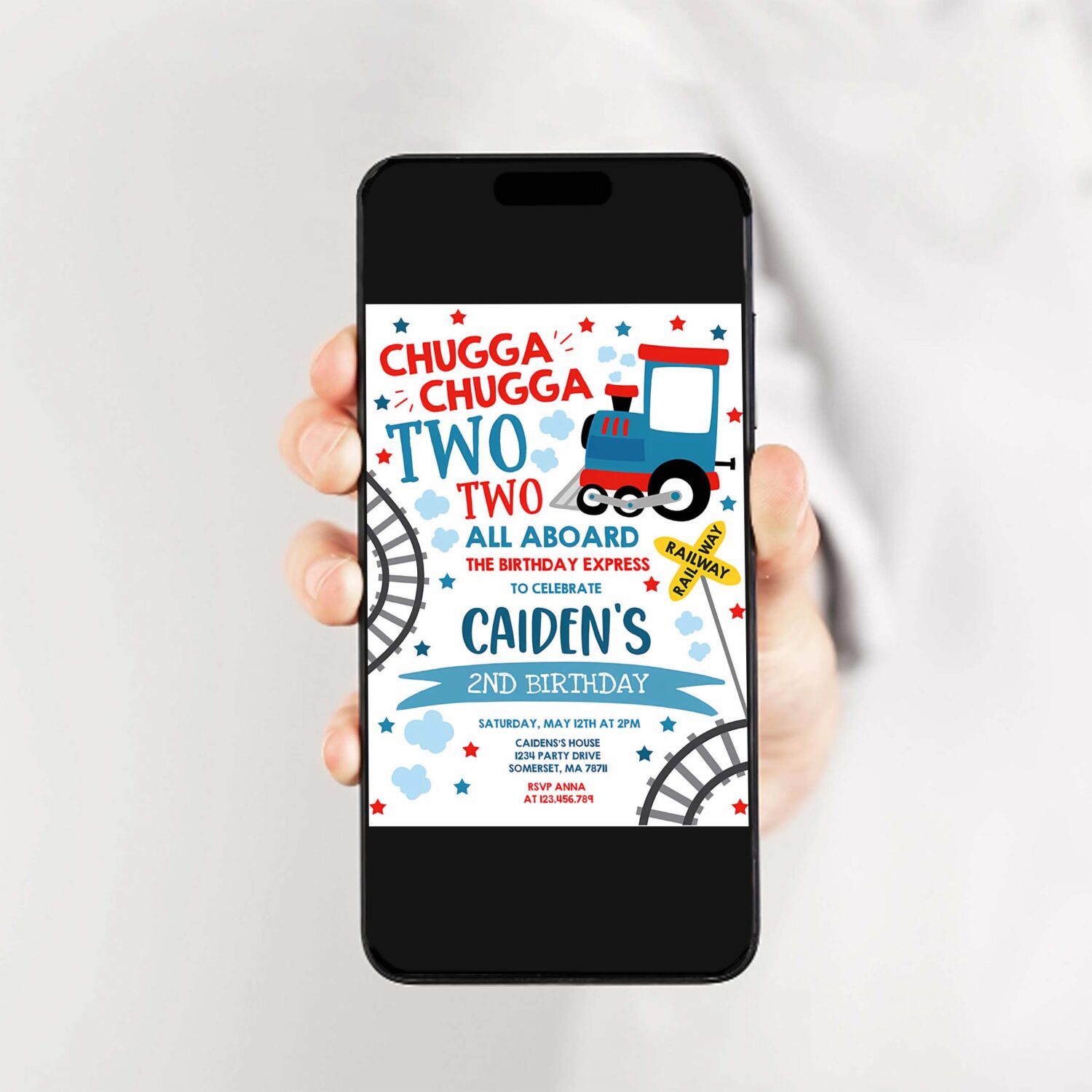 Editable chugga chugga two two train boy birthday party invitation chugga chugga choo choo party two two train party 2